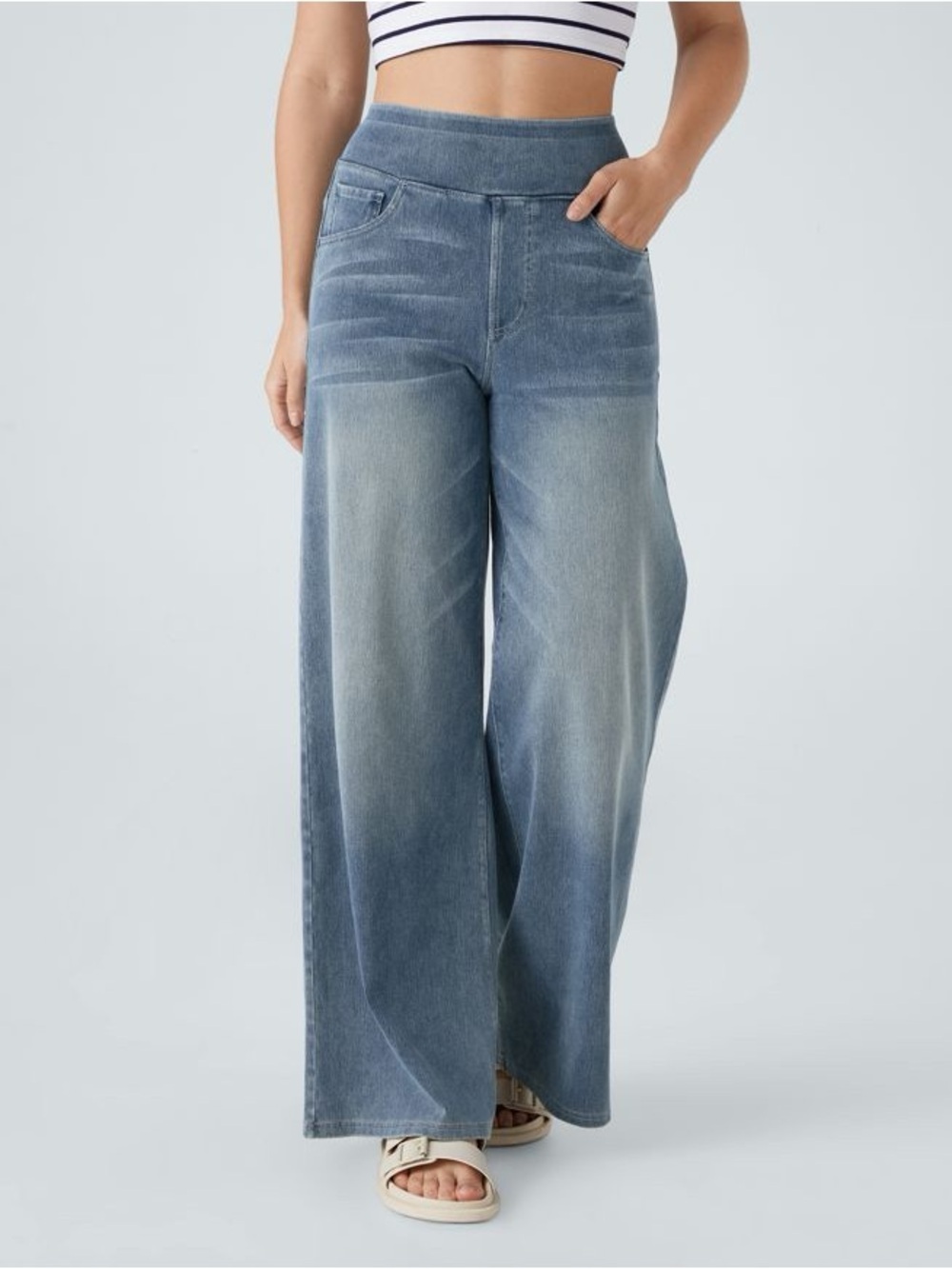 Halara Flex Wide Leg Jeans L Blue Pull On High Waisted Stretch Denim